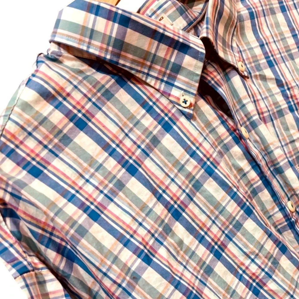 Peter‎ Millar Mens XXL Short Sleeve Button Down Shirt Blue Pink Plaid Cotton